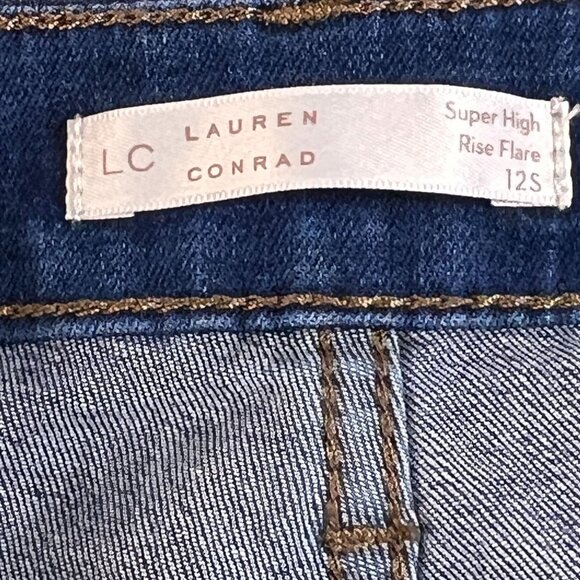 LC Lauren Conrad Super High Rise Flare Jeans Size 12S Denim Blue Dark Wash - Picture 4 of 11
